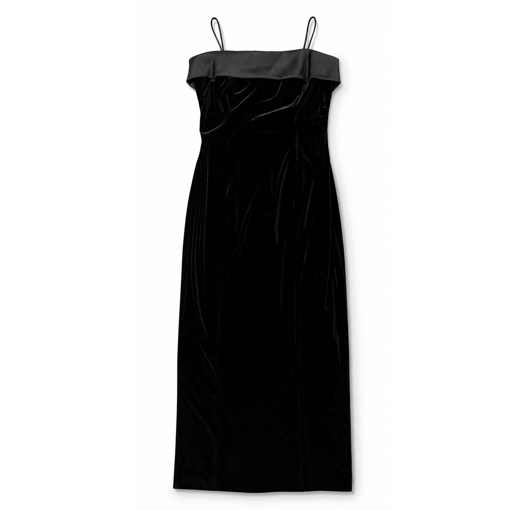 VTG‎ Alex Evenings Black Velvet Satin Trim Spaghetti Strap Formal Gown Dress 12